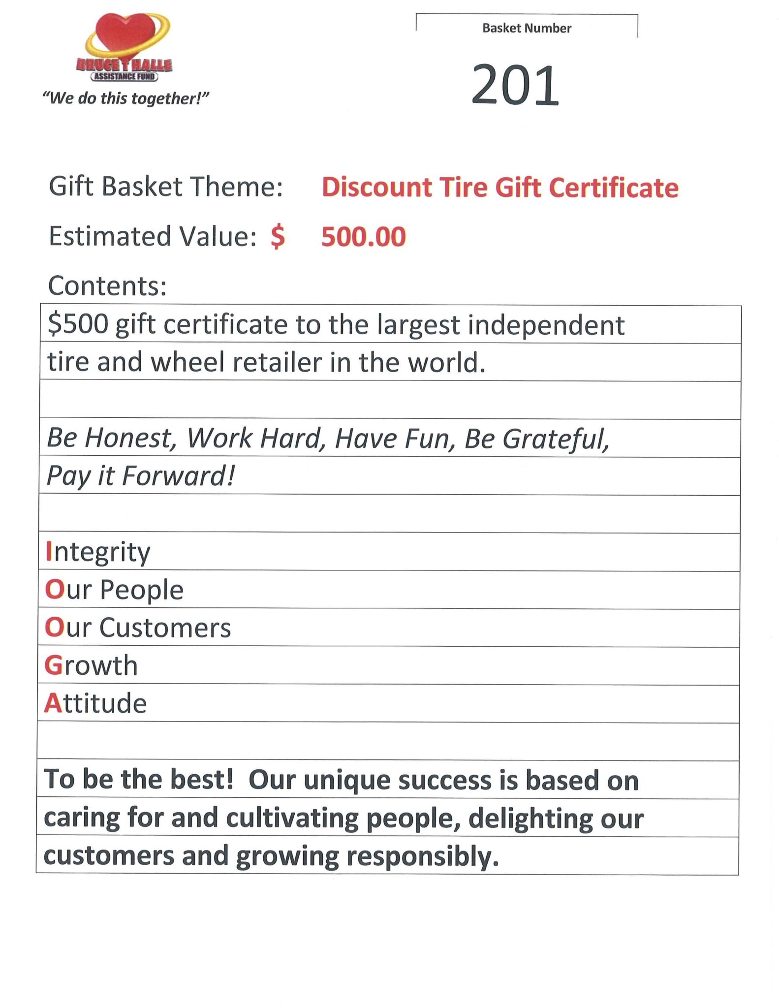Discount Tire Gift Certificate Basket Bruce T Halle Assistance Fund